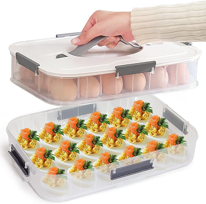 VitalYang Deviled Egg Container with Lid, Double Layer Egg Container, 36 Count Deviled Egg Tray- Secure Lock & Handle, Stackable, Leak-Proof Design for Parties & Catering, White