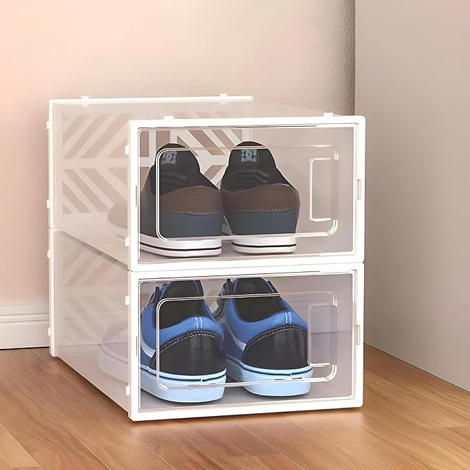 20 Pack Shoe Storage Boxes, Plastic Stackable Foldable Shoe Boxes with Clear Front Opening Door for Sneakers Flats Slippers Sandals Casual Shoes, Space Saving, 13.58*9.06*5.51in (White)