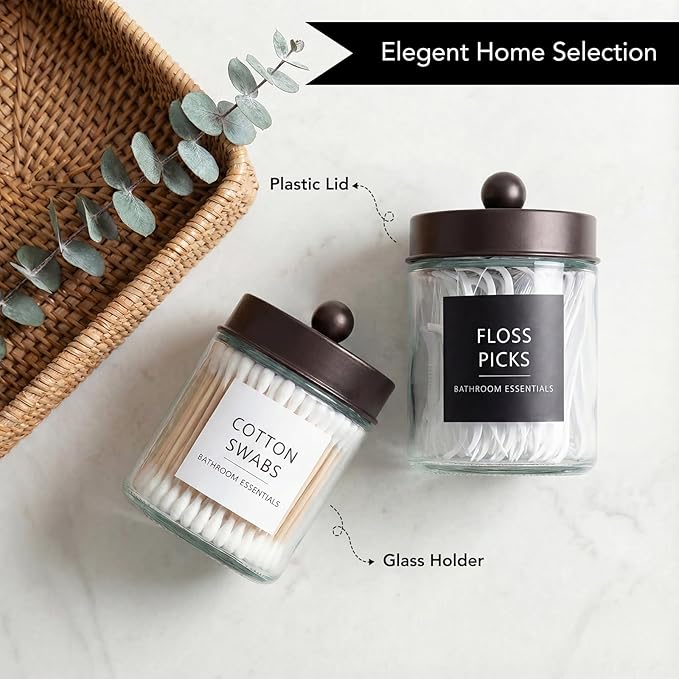 Amolliar 4 Pack Qtips Dispenser Holder - Bathroom Countertop Storage Organizer Containers - Glass Apothecary Jars with Bronze Plastic Lid for Q-tips Cotton Balls, Swabs, Round Pads, Floss