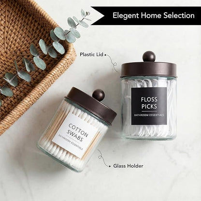 Amolliar 4 Pack Qtips Dispenser Holder - Bathroom Countertop Storage Organizer Containers - Glass Apothecary Jars with Bronze Plastic Lid for Q-tips Cotton Balls, Swabs, Round Pads, Floss