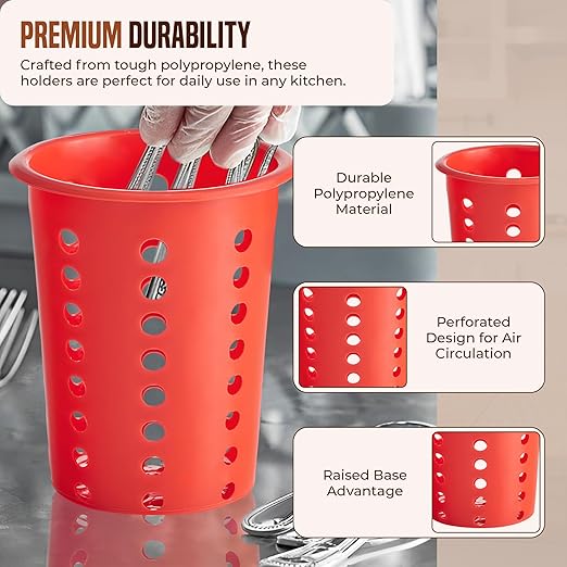 OCS Parts Perforated Utensil Drying Cups | Red | Set of 3 | Plastic Flatware Holder Cylinders for Kitchen Counter Organization