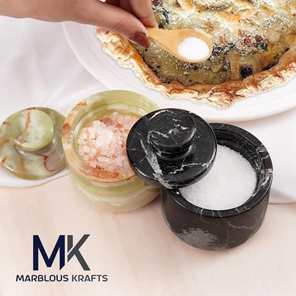 Marble Salt Cellar 3" Inch Black Zebra & Green Onyx Celtic Salt & Pepper Bowls with Lid For Spring Decorations for Home & Kitchen, Perfect Mother’s Day Gift, Sugar Dish & Coffee Storage Container