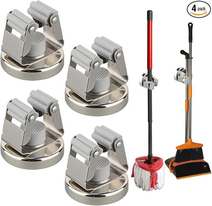MUTUACTOR Magnetic Broom Holders,4pcs Sturdy Heavy Duty Magnetic Clips Wall Mount,10lbs No Drilling Anti-broken Magnetic Hooks Broom Mop Brackets for Work Cargo Garage Laundry Van Accessories