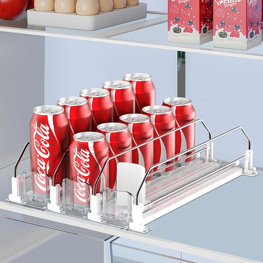 IBORING Drink Organizer for Fridge,Self Pushing Fridge Drink Organizer,Automatic Drink Dispenser for Fridge-Holds up to 15 Cans, 14.96inch, White