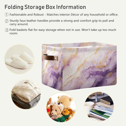 Large Storage Basket Purple Gold Marble Storage Bin Cube Canvas Fabric Organizer Handles Collapsible for Clothes Toys Bedroom Decorative
