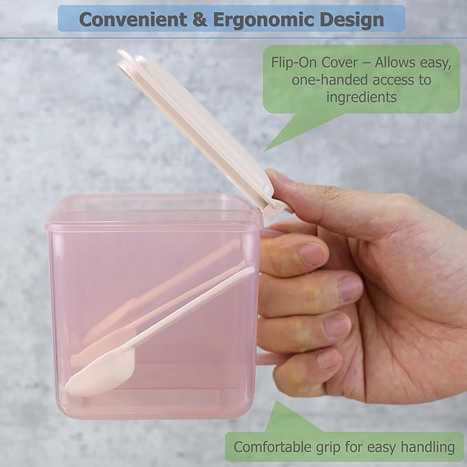EIKS Seasoning Box with Lid & Spoons for Serving & Storing Salt Sugar Spice Pepper Condiment in Home Kitchen Coffee Restaurant (Pink)