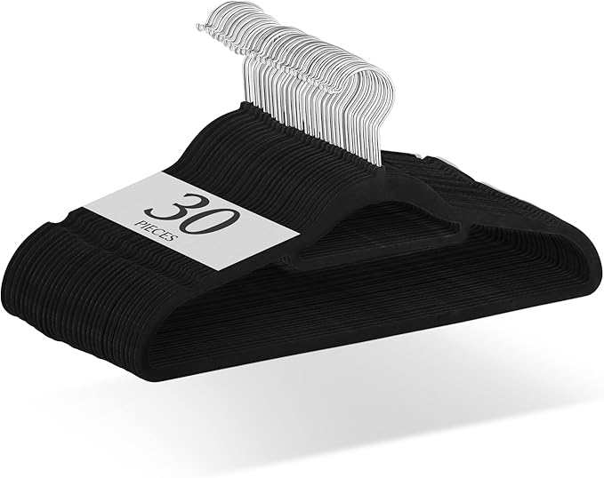 Titiroba 22AB042 Hangers, Non-Slip, Non-Slip, Non-Slip, Velvet, Set of 30, Black