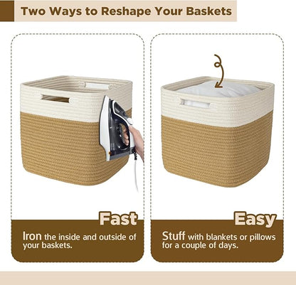 AELS Hand Woven Cotton Baskets for Storage, Cube Storage Bins with Handles, Foldable Collapsible Closet Organizers and Storage, Boho Farmhouse Storage Cubes for Shelves, Beige and Khaki
