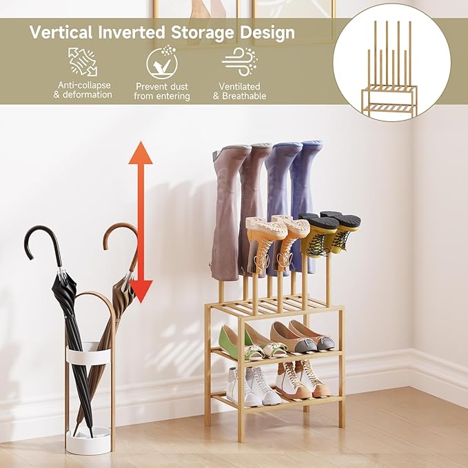 Boot Rack for Tall Boots Organizer,3-Tier Multiuse Shoe Rack and Boot Storage Rack,for Tall Boots,Sneakers,High-Heel (Natrual, 3-tier-short)