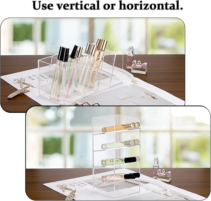 ELLDOO Rollerball Perfume Organizer, 5 Compartment Clear Acrylic Perfume Storage Holder Vintage Beauty Scent Holder, Makeup Lipgloss Lipstick Display Case