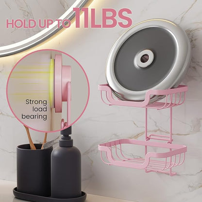 TAILI Double Layer Soap Holder, Bar Soap Dish Suction Cup for Shower Wall, Draining Saver Tray for Bathroom, Rustproof Stainless Steel Sponge Holder for Tub, Kitchen, Drill-Free, Pink