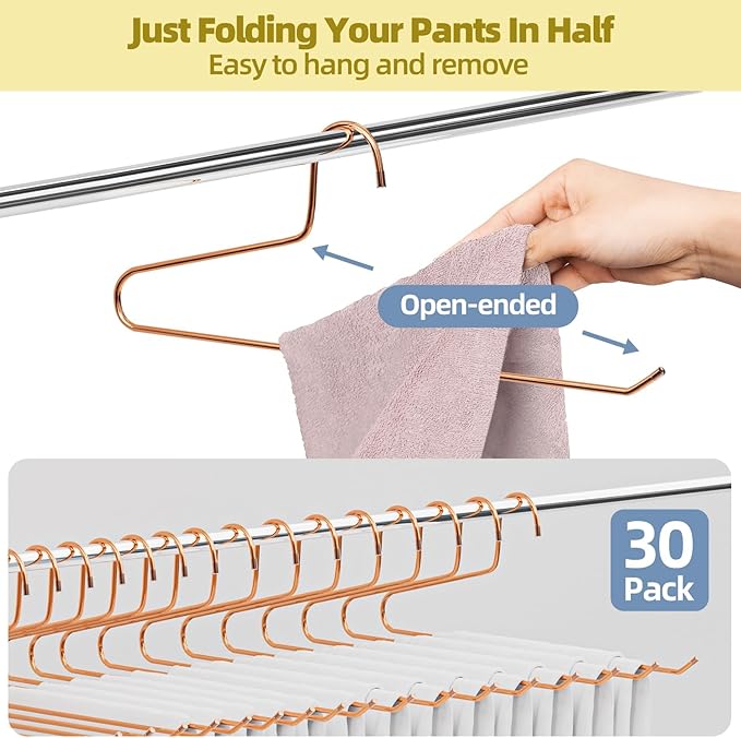SPECILITE 30 Pack Open Ended Metal Pants Hangers for Jeans, Slacks, Leggings, Towel, Scarf, Heavy Duty & Space-Saving, Rose Gold
