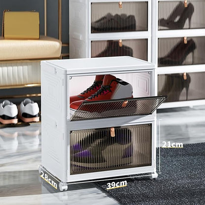 Shoe Storage Box 6 Pack Clear Plastic Stackable Shoe Organizer with Magnetic Door and Wheels for Sneakers Boots Closet Entryway (3 Tier)