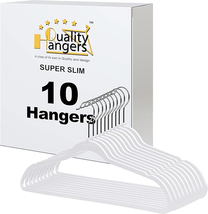 Quality Hangers 10 Pack Slim Plastic Hangers for Clothes - 16.5" Won't Crease Your Clothes, Heavy Duty Non-Velvet Black Hangers, 360° Swivel Chrome Hook Dresses Coats Shirts (10, White)