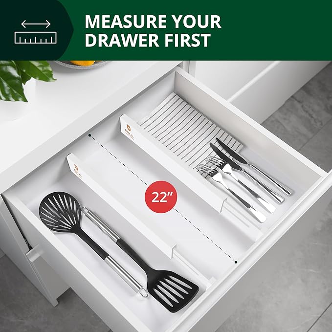 Bamboo Drawer Dividers Organizers, Adjustable Drawer Separator Splitters, 17–22 Inches Expandable Drawer Divider Organizer for Large Utensils, Kitchen, Bedroom, Dresser & Office Drawers 4-Pack, White