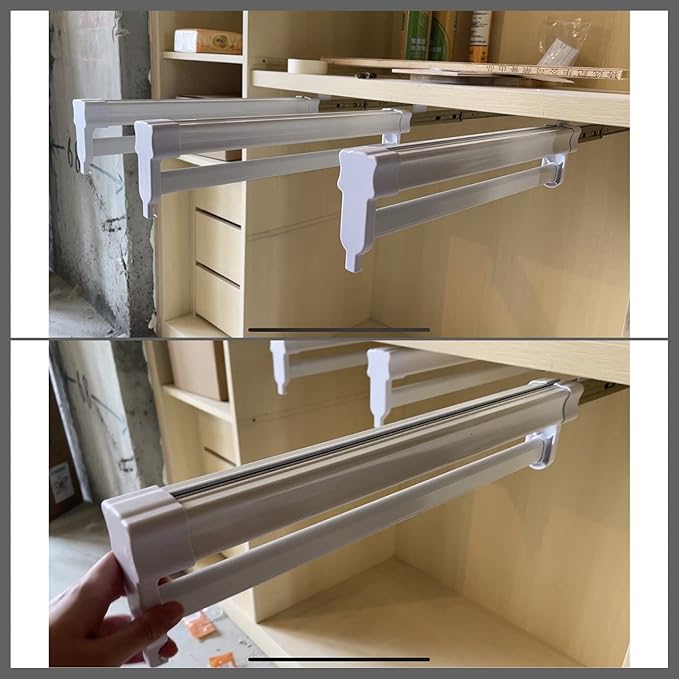 Heavy Duty Retractable Pull Out Pants Rack,Aluminum Alloy Pull Out Closet Valet Rod,Extendable Wardrobe Rail Tube for Hanging Clothes, Top Mount (Color : White, Battery *1 : 26cm)