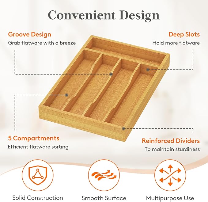 Lifewit Silverware Drawer Organizer, Utensil Tray for Kitchen, Flatware and Cutlery Holder, Storage for Spoons Forks Knives, 6.7 x 12", Natural