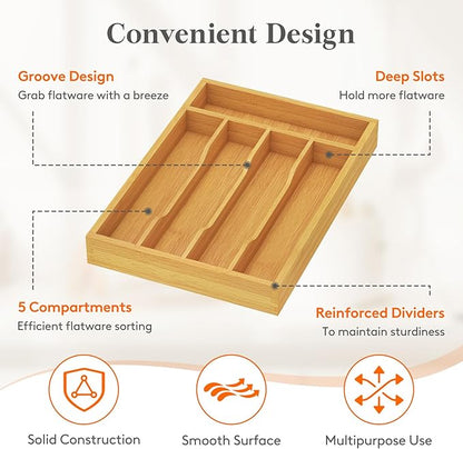 Lifewit Silverware Drawer Organizer, Utensil Tray for Kitchen, Flatware and Cutlery Holder, Storage for Spoons Forks Knives, 6.7 x 12", Natural