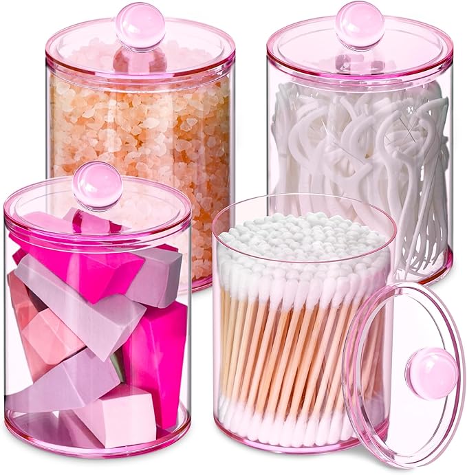 XIPENGKEJI 4 Pack Qtip Holder,Canister Apothecary Jar Set, Bathroom Jars with Lids Set for Cotton Swabs, Balls, Pads, Floss Picks,10oz-12oz Plastic Canisters Restroom Bedroom Vanity Organizer(Pink)