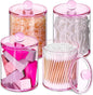 XIPENGKEJI 4 Pack Qtip Holder,Canister Apothecary Jar Set, Bathroom Jars with Lids Set for Cotton Swabs, Balls, Pads, Floss Picks,10oz-12oz Plastic Canisters Restroom Bedroom Vanity Organizer(Pink)