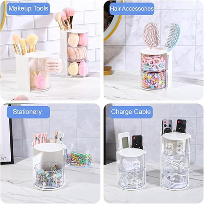 DASITON 3-Layer Makeup Brush Holder with Hair Accessories Organizer, Rotatable Desktop Organizer Case for Hair Clip, Makeup Sponge, Jewelry and Hair Accessories, Hair Brush Holder for Vanity (White)