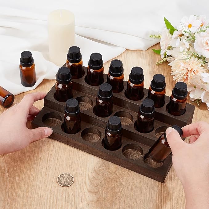 BENECREAT 3-Tier 18 Slots Wooden Essential Oil Organizer, Vintage Brown Wood Essential Oil Display Stand Makeup Storage Rack for Tabletop Essential Oils Perfume Nail Polish, Slot ID: 1.3inch