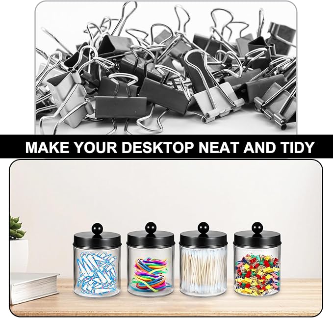 4 Pack Qtip Holder, Canister Apothecary Jar Set, Clear Plastic Apothecary Jar Containers, Bathroom Jars with Lids Set for Cotton Swabs, Balls, Pads, Floss Picks (Black)