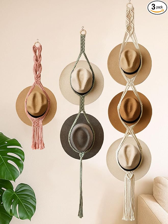 Boho Hat Organizer Rack, Macrame Hat Hanger, Handmade Hat Holder for Wall Hanging, Hat Storage for Wide-Brim Hats, Bohemian Hat Display for Bedroom, Living Room, Office(3 Styles & 3 Colors)