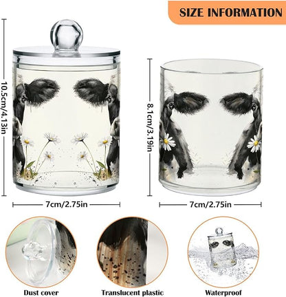 Watercolor Cow Qtip Holder 4 Pack - 10 Oz Clear Plastic Apothecary Jar Set for Bathroom Organization - Versatile Canister Storage for Cotton Balls, Swabs, Rounds