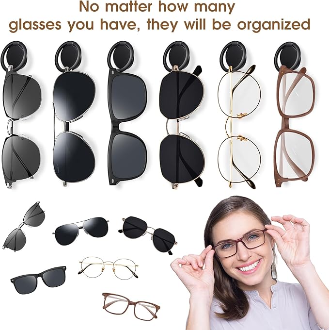 JJUNW 6 Pack Sunglasses Organizer Wall Mounted Sunglasses Holder Black Hanging Eyeglass Holder Multiple Glasses Rack
