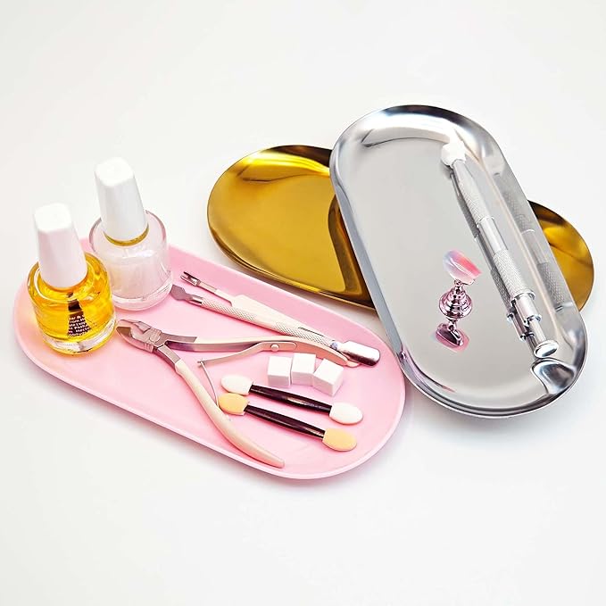 Nail Tools Silver Tray for Decor Manicure Accessory Storage Display Vanity Tray Jewelry Rhinestone Dish Cosmetics Organizer Oval Nail Art Decorative Small Storage Plate