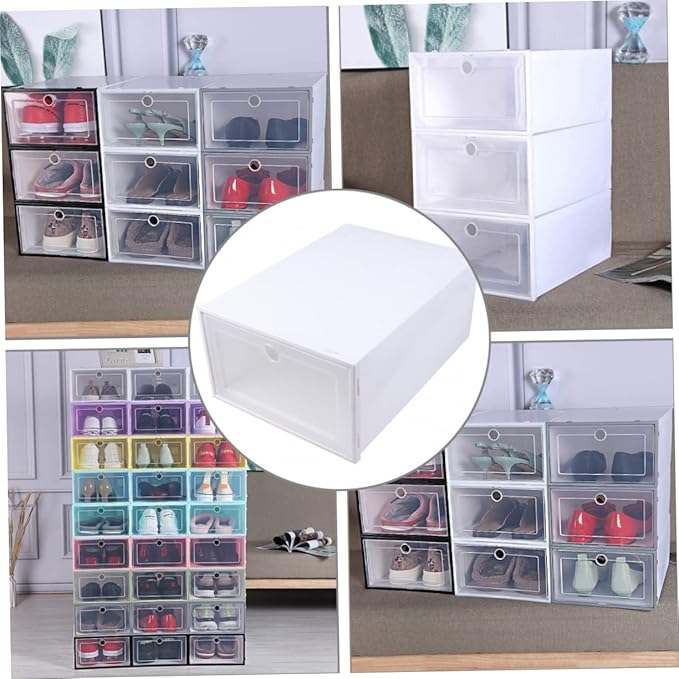 6pcs Transparent Stackable Shoes Boxes Plastic Drawer Type Shoe Storage Containers with Reinforced Design for Closet Entryway Organizers