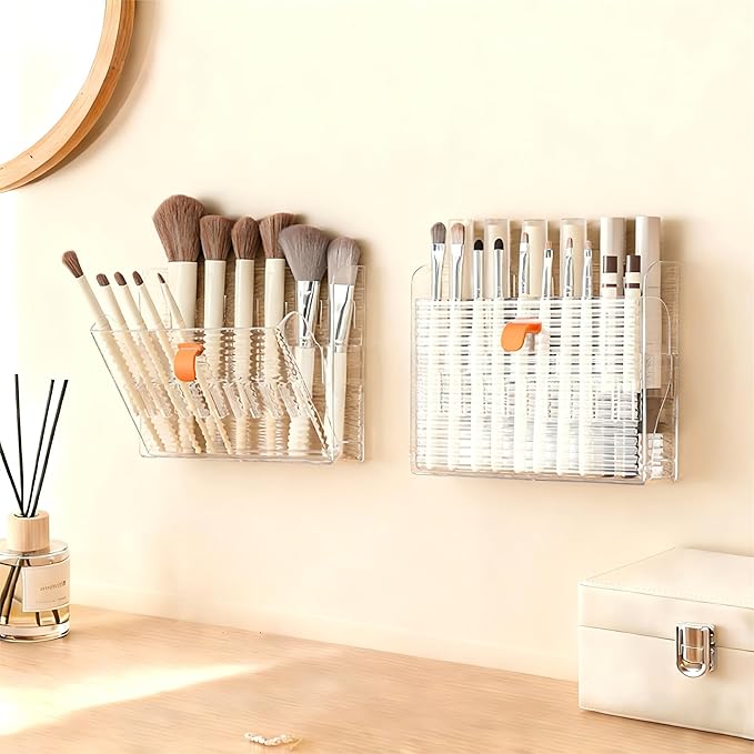 Wall-mounted Makeup Organizers, 16-Slot Eyeliner Lip Liner Organizer Holder, Makeup Organizer for Brush, Makeup Pencils, Concealer Pencil Display Case for Vanity Bathroom (Transparent White)