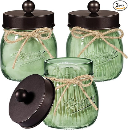SheeChung Green Glass Qtip Holder Dispenser, Mason Jar Apothecary Jars with Lids, Bathroom Organizers and Storage, Vanity Countertop Canisters Set for Cotton Swab, Ball, Pad, Floss Pick-Bronze, 3 Pack