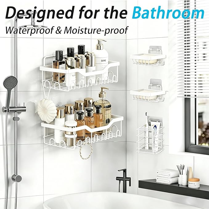 Fammart Adhesive Shower Caddy, 5-Pack Rustproof Stainless Steel Bathroom Organizer with 28 Hooks, No-Drill Large Capacity Shower Shelves for Bathroom Storage & Home Décor, White