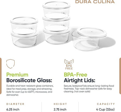 12-Piece Glass Food Storage Containers Set (6 Containers + 6 BPA-Free Lids) | 4-Cup, Leakproof | Microwave, Freezer, Oven & Dishwasher Safe | Ideal for Meal Prep & Pantry Organization, White