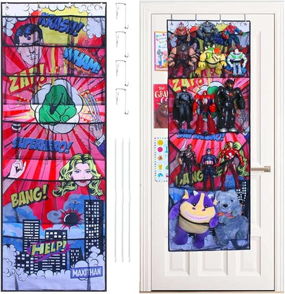 Superhero Organizer, Over The Door Hanging Shoe Organizer, Red (65'' x 23''),Toy Organizer