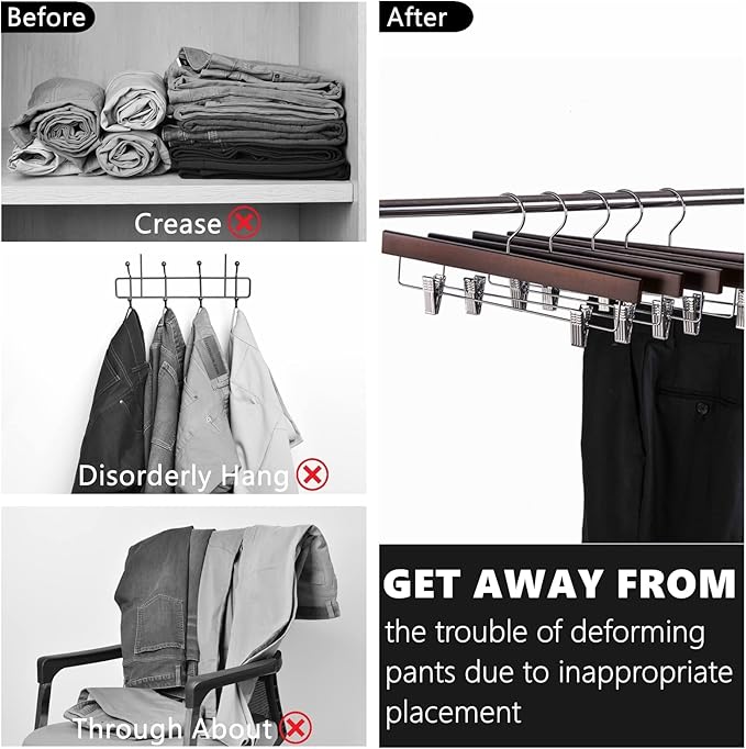Amber Home 10 Pack Walnut Wooden Pants Hangers with Clips, 14" Wood Skirt & Trousers Hangers, Closet Hangers for Jeans, Slacks, Shorts, with 2-Adjustable Clips (Vintage, 10)