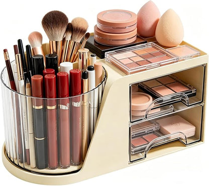 360 Rotating Makeup Organizer with 2 Drawers, Spinning Cosmetic Brush Holder & Pen Cup, Multi-Purpose Desktop Storage for Bathroom Vanity, Art Supplies, Skincare, Office Desk