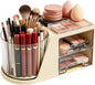 360 Rotating Makeup Organizer with 2 Drawers, Spinning Cosmetic Brush Holder & Pen Cup, Multi-Purpose Desktop Storage for Bathroom Vanity, Art Supplies, Skincare, Office Desk