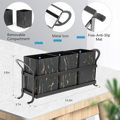 NelyBet Kitchen Utensil holder for Countertop, Silverware Caddy,Golden Marble Black Flatware Holder Utensil Cutlery Organizer for Party Gatherings, Metal and Durable Design