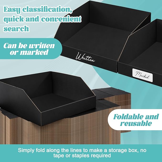 Fuyoooo 30 Pack 12 x 10 x 4. 5 Inches Cardboard Storage Bins Open Top Bin Boxes Black Corrugated Shelf Organizer Bins for Pantry, Parts, Garage, Snacks, Bottles, Cans or Warehouse Home Cubby