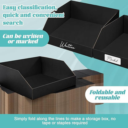 Fuyoooo 30 Pack 12 x 10 x 4. 5 Inches Cardboard Storage Bins Open Top Bin Boxes Black Corrugated Shelf Organizer Bins for Pantry, Parts, Garage, Snacks, Bottles, Cans or Warehouse Home Cubby