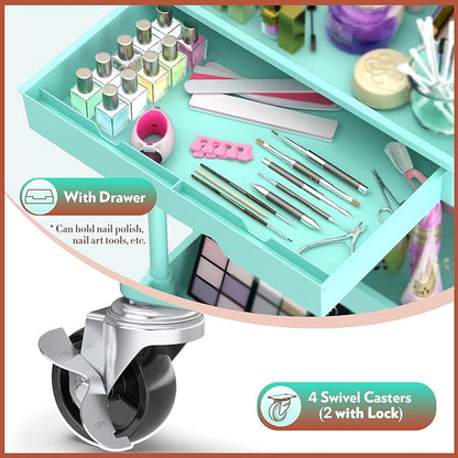 SUNALLY Makeup Cart Organizer with Drawers, 4 Tier Floor Skincare Organizers for Vanity, Rolling Makeup Bathroom Storage Cart Cosmetics Display Cases for Skin Care Perfume Nail Polish, Blue
