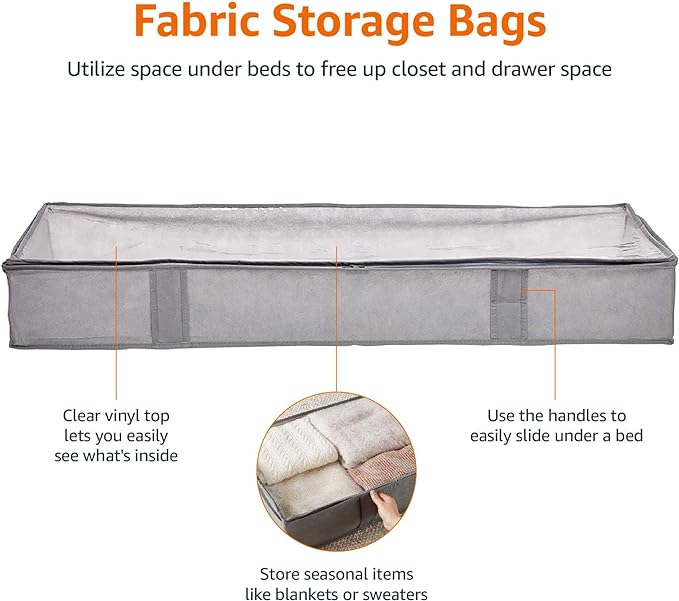 Amazon Basics Under Bed Storage Bags for Clothes and Blankets, Foldable Fabric Zipper Container with Clear Window and Reinforced Handles, Space Saving, 18 x 42 x 6 inches, Gray, 2-Pack