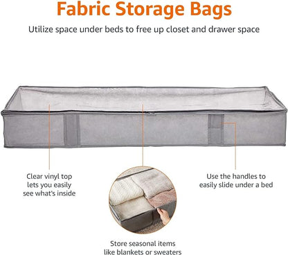 Amazon Basics Under Bed Storage Bags for Clothes and Blankets, Foldable Fabric Zipper Container with Clear Window and Reinforced Handles, Space Saving, 18 x 42 x 6 inches, Gray, 2-Pack