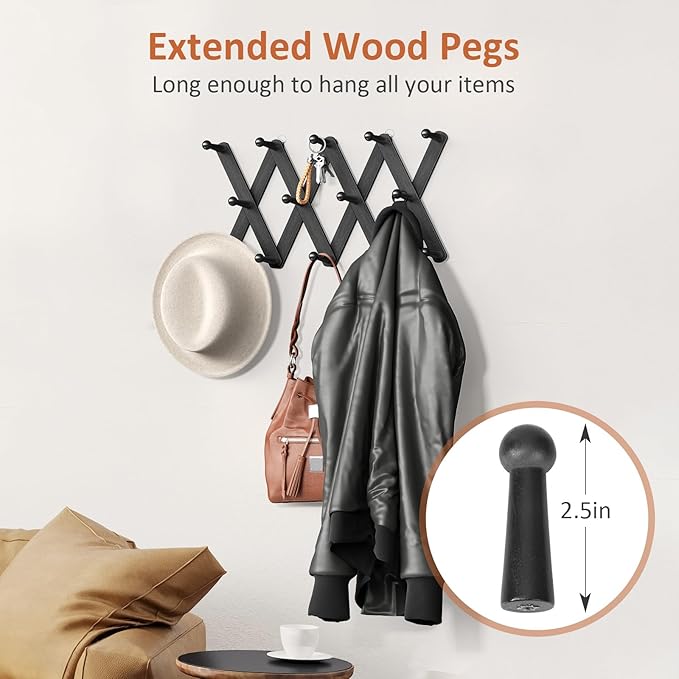 Accordion Wall Hanger, Hat Rack for Wall with 14 Coat Hooks, Expandable Hat Hangers Organizer, Vintage Decorative Coat Rack Wall Mount for Purse, Mug (Black)