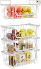 4 Pack Stackable Wire Baskets with Handles for Pantry Organizers and Storage, Fruit and Vegetable wire storage baskets, Potato and Onion Storage Bin, Metal Baskets for Organizing Snacks, Cans (White)