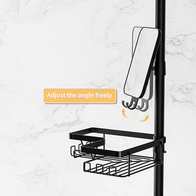 DAOYA Shower Caddy Tension Pole with Anti-Fog Shaving Mirror, Tension Rod Shower Caddy Corner for Bathroom Organizer, Black