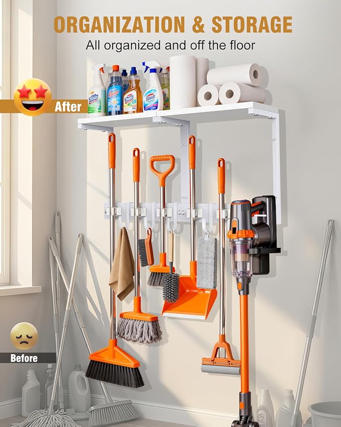 Broom Holder Wall Mount with Top Wooden Shelf, Heavy Duty Metal Cleaning Supplies Broom Hanger with Vacuum Organizer and 5 Slots & 5 Hooks for Laundry Garage Tool Storage Kitchen (Large, White)